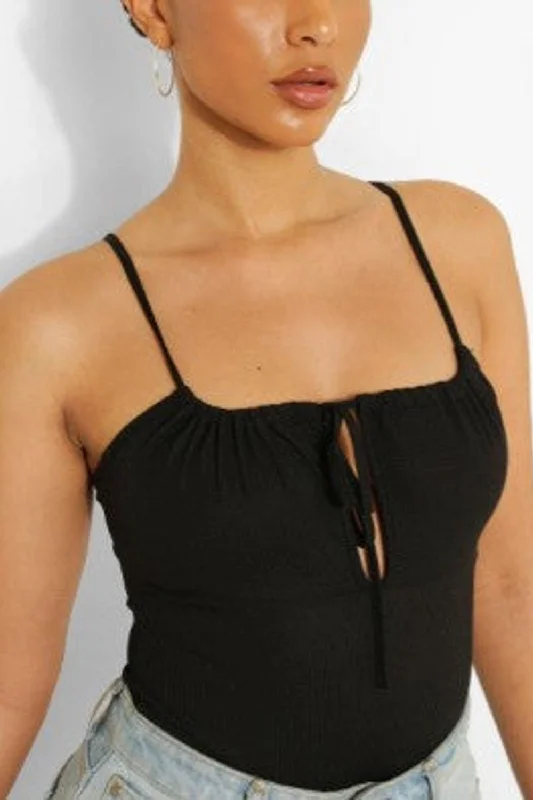 Black Ruched Detail Strappy Bodysuit Stylish Plunging Neck Bodysuit