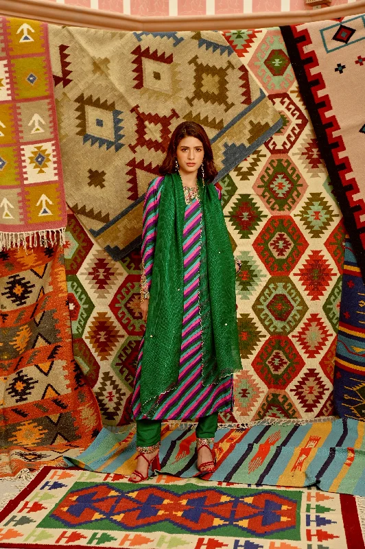 Multi-colour indi-leheriya straight kurta, pants and dupatta set Trendy Wide-Leg Pants