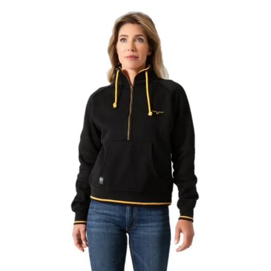 Kimes Ranch Women's Malta Cropped Quarter Zip Black Sweatshirt Hoodie with Earth Tones Natural Calm