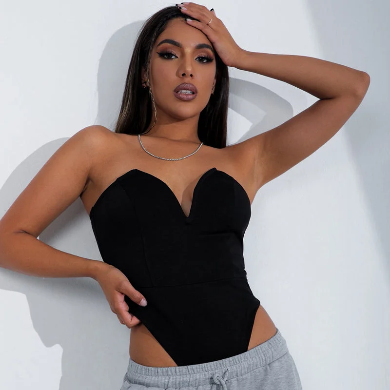 Bodysuit Woman Black Sexy V-Neck Tube Top One-Piece Top Female Tight-Fitting Bottoming Shirt Slim Top Bodysuit Comfortable T-shirt Bodysuit