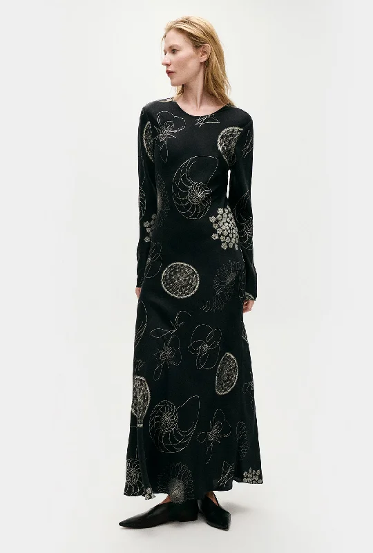 FULL SLEEVE BIAS DRESS FIBONACCI BLACK Elegant Long Evening