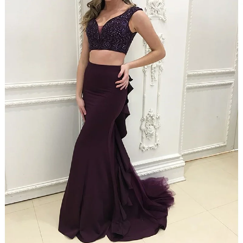 Two Pieces Mermaid Prom Dresses, Beaded Tulle Backless Prom Dresses, KX621 A-Line Day Work