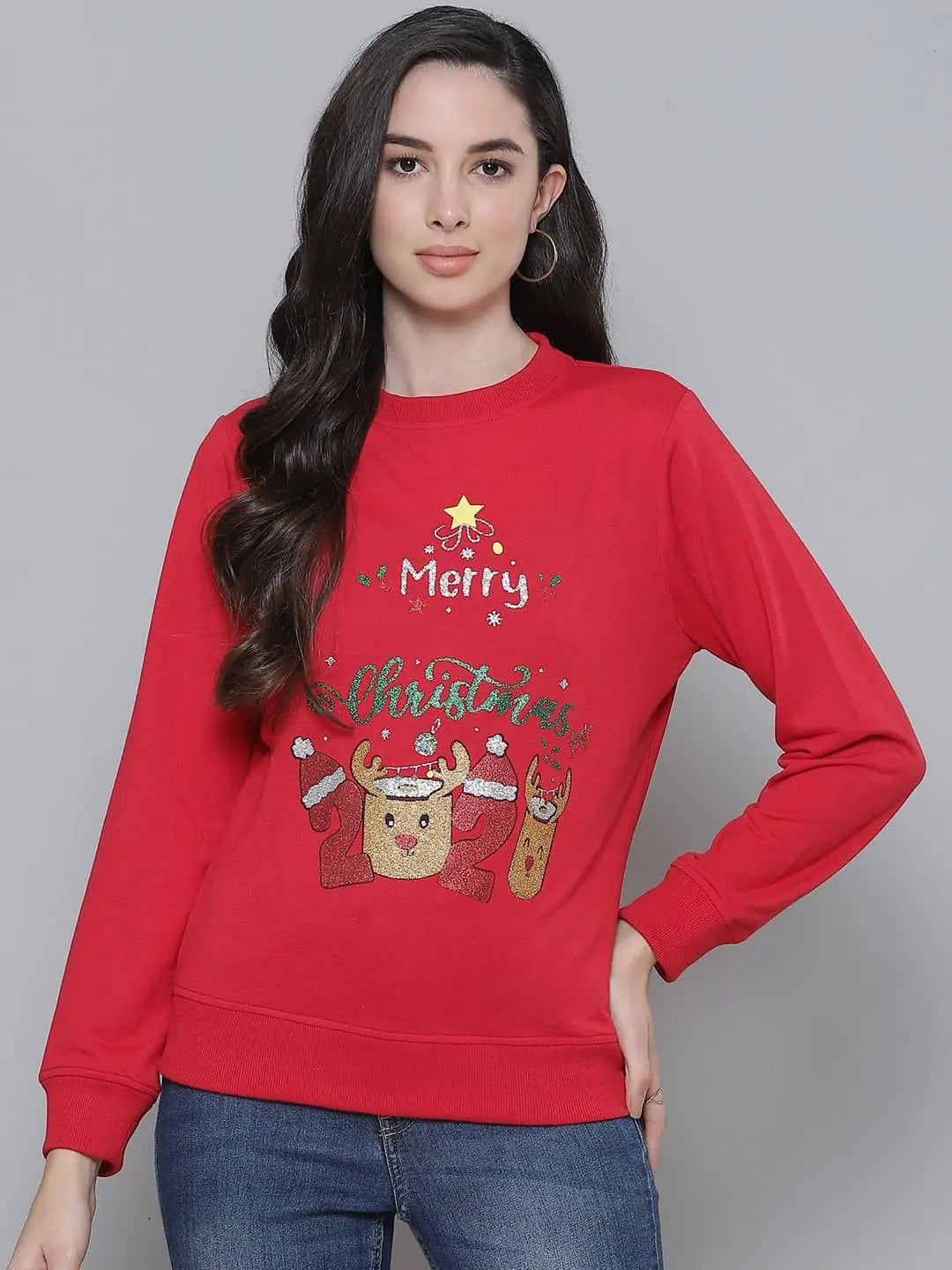 Red MERRY CHRISTMAS Terry Print Sweatshirt Hoodie with Illustration Artistic Creative