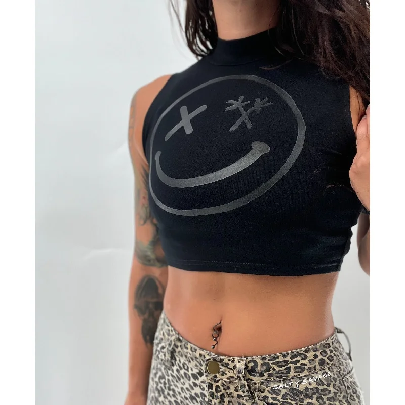 Salty Savage Ladies Spliced Smile Mock Neck Sleeveless Crop Tank | Black On Black cold shoulder tank