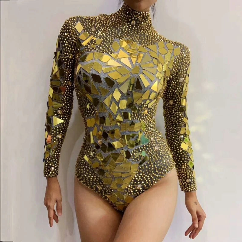 Shining Gold Rhinestones Mirrors Bodysuit Women's Birthday Celebrate Party Outfit Bar Singer Dancer Show Performance Costume Chic Bodysuit with Ruffles