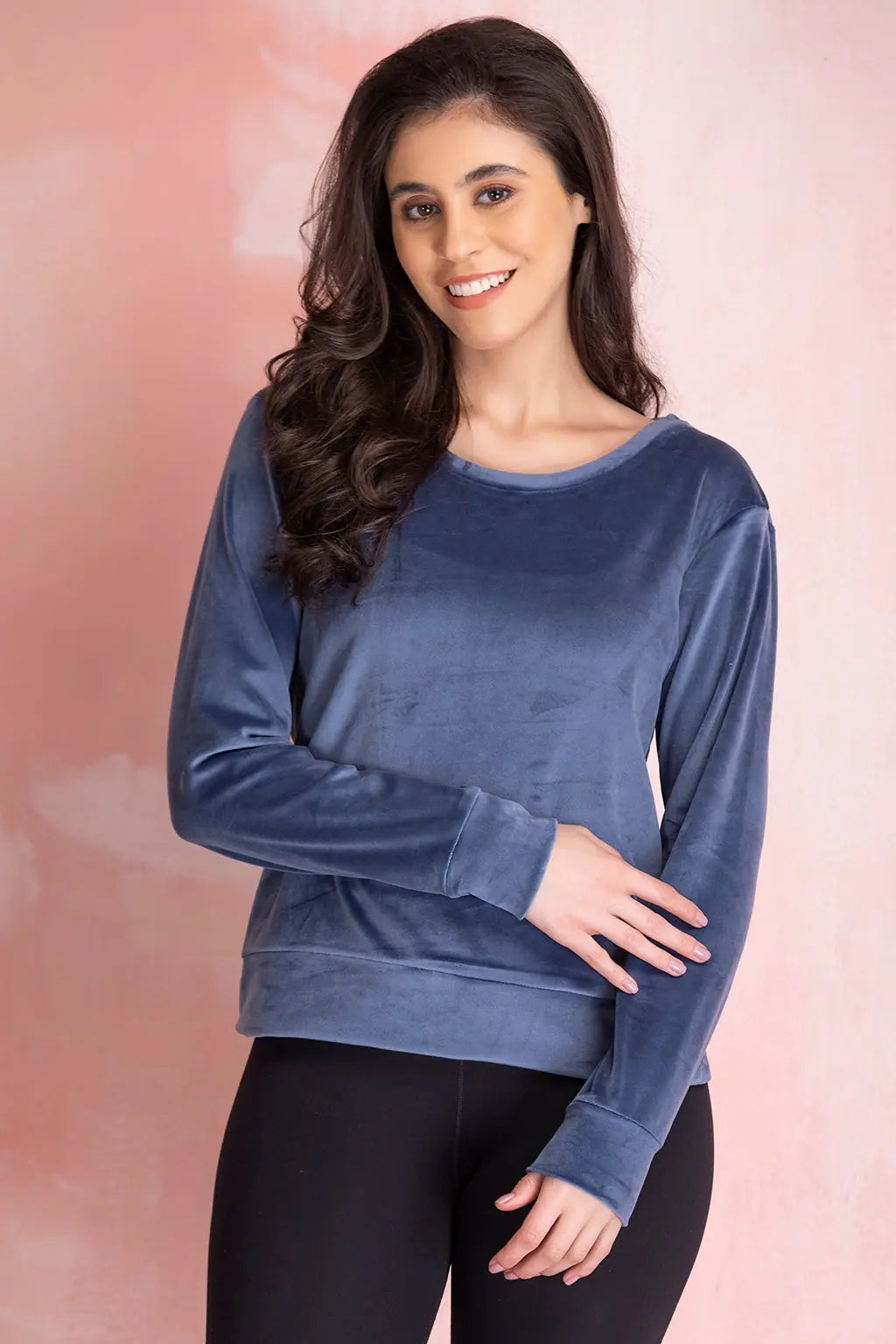 Chic Basic Sweatshirt in Navy - Velour Hoodie with Hem Embroidery Detailed Premium