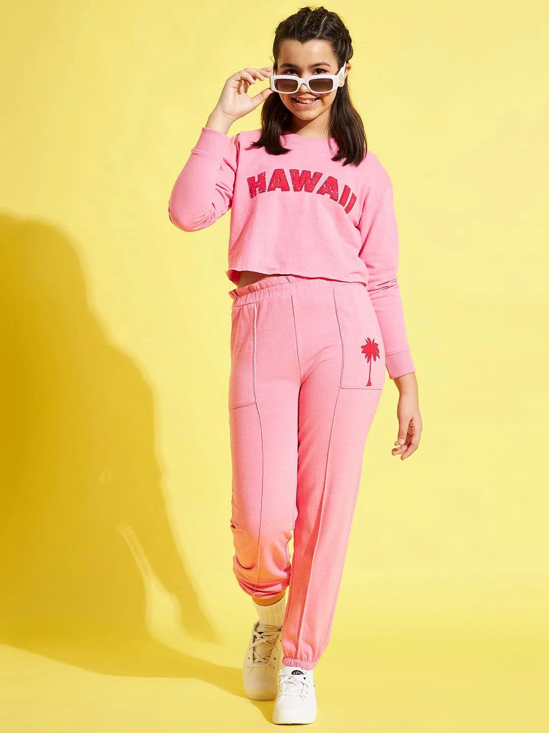 Girls Pink HAWAII Sweatshirt With Paper Bag Joggers Hoodie with Neon Bright Vibrant