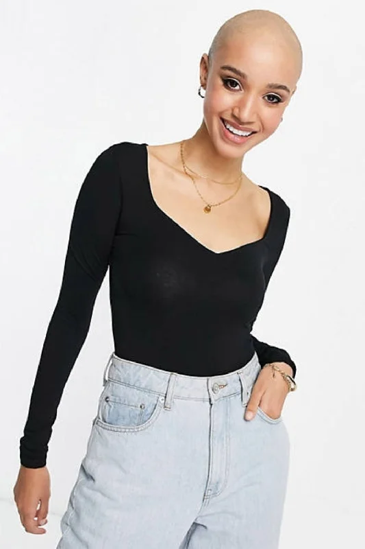 Black Long Sleeve Neck Bodysuit Trendy Scoop Back Bodysuit