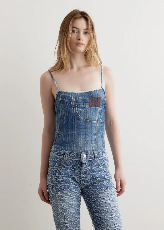 Denim Printed Knit Bodysuit Comfortable Mesh Insert Bodysuit