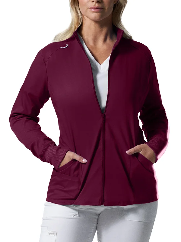 Women's 3-Pocket Mock Neck Zip-Front Scrub Jacket Zippered Front Buttoned Front Snap Front