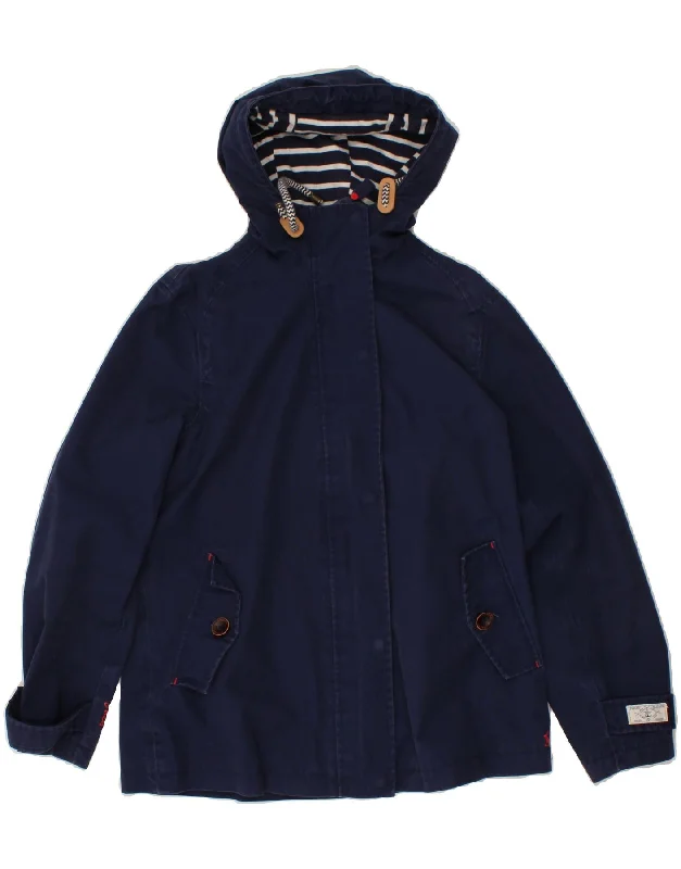 JOULES Womens Hooded Rain Jacket UK 12 Medium Navy Blue Cotton Snapped Jacket Toggled Jacket Drawstring Jacket