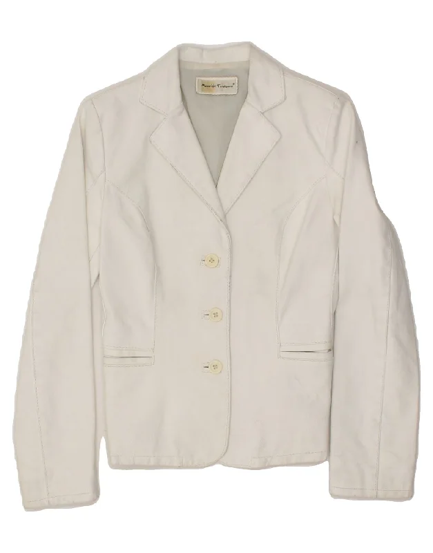 VINTAGE Womens 3 Button Leather Blazer Jacket UK 8 Small White Leather Cardigan Sweater Pullover