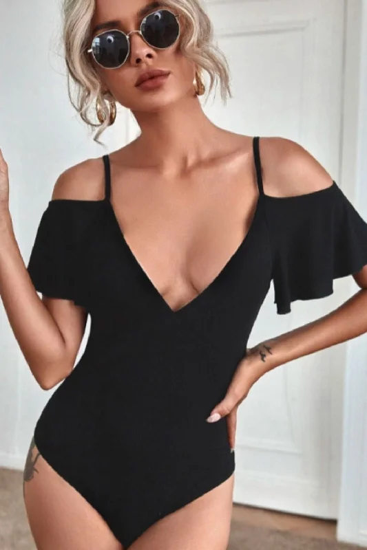 Plunge Cold Shoulder Flounce Sleeve Bodysuit Fashionable Bodysuit with Button Front