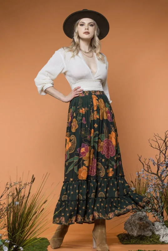 Green Floral Maxi Skirt corduroy skirt cozy