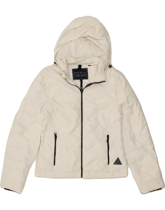 JACK WILLS Womens Hooded Padded Jacket UK 12 Medium  Off White Polyamide Jacket Blazer Coat