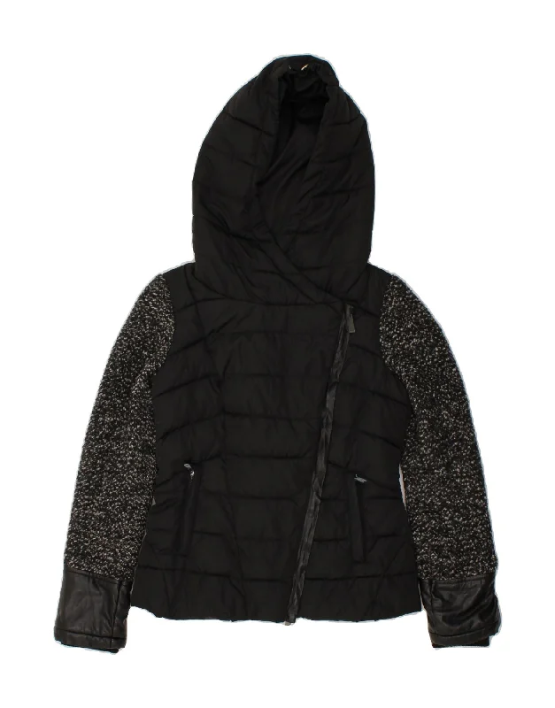 PINKO Womens Hooded Padded Jacket UK 10 Small Black Colourblock Polyester Tiered Jacket Buttoned Jacket Zippered Jacket