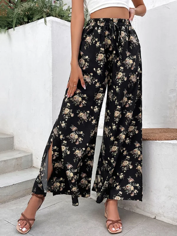 Raquel Floral Side Slit Wide Leg Pants Soft Sweatpants Style