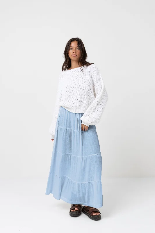 Classic Tiered Maxi Skirt Blue belted skirt waist