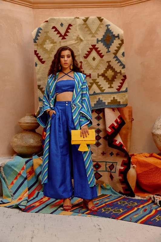 Cobalt Blue Indi-leheriya Trench with bandue top and papa pants. Stylish Paperbag Waist Pants