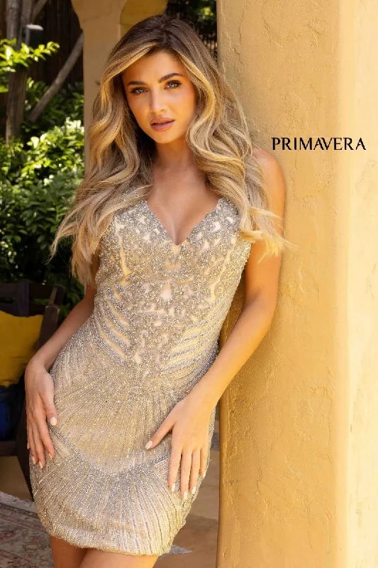 V-Neck Beaded Sheath Cocktail Dress by Primavera Couture -3829 Casual Short Summer