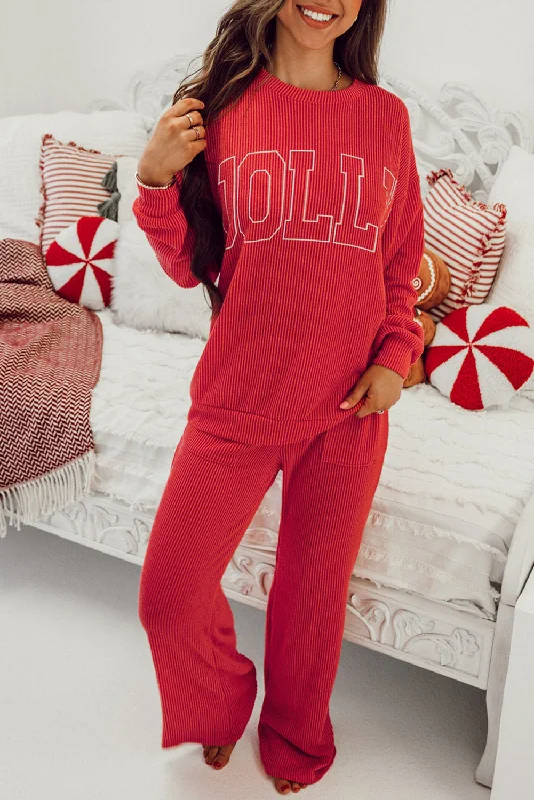 Fiery Red JOLLY Corded Long Sleeve Top and Pockets Pants Set Fashionable Jogger Pants