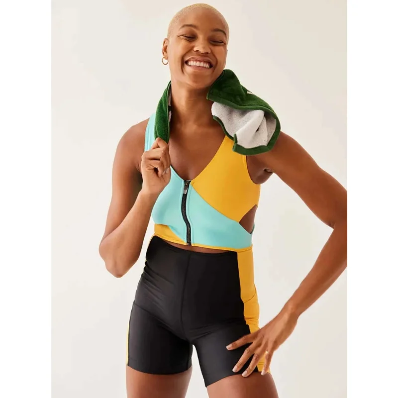 OUTDOOR VOICES SplashKnit 6" Bodysuit Small Colorblock Black Teal Yellow NWT Fashionable Embellished Bodysuit