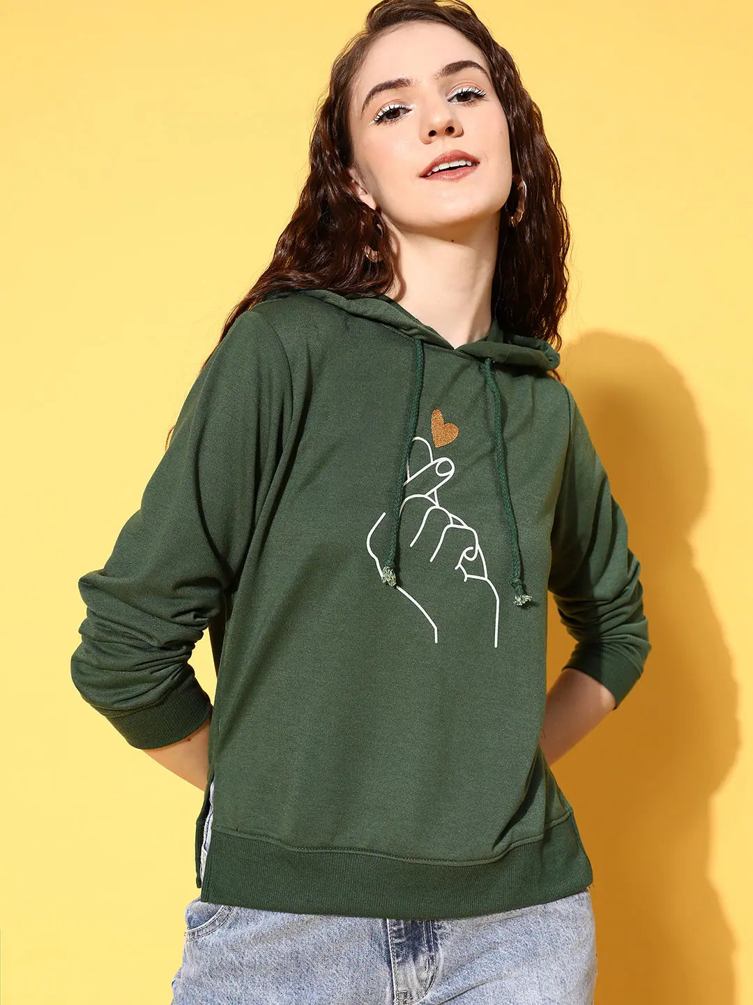 Women Green Like-Me-Print Sweatshirt Hoodie with Oversized Fit Loose Comfortable