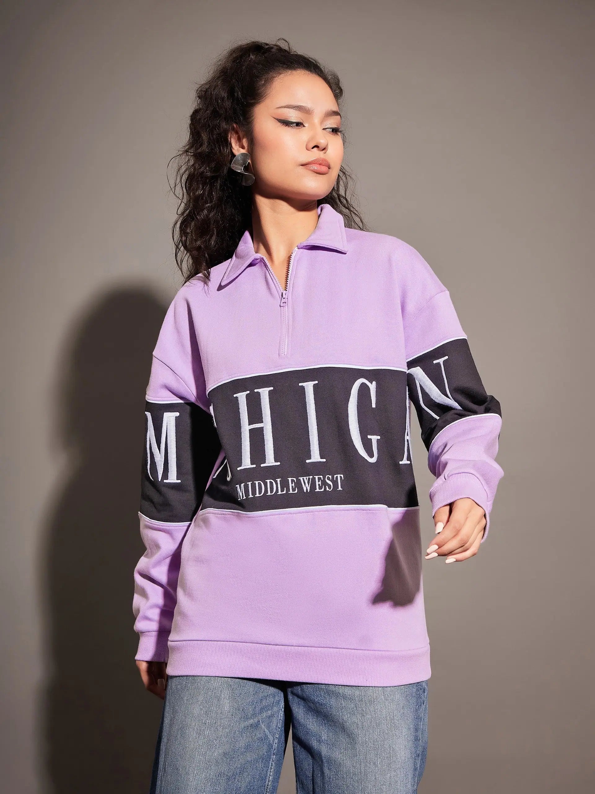 Women Lavender Michigan Colour Block Sweatshirt Hoodie with Neon Bright Vibrant