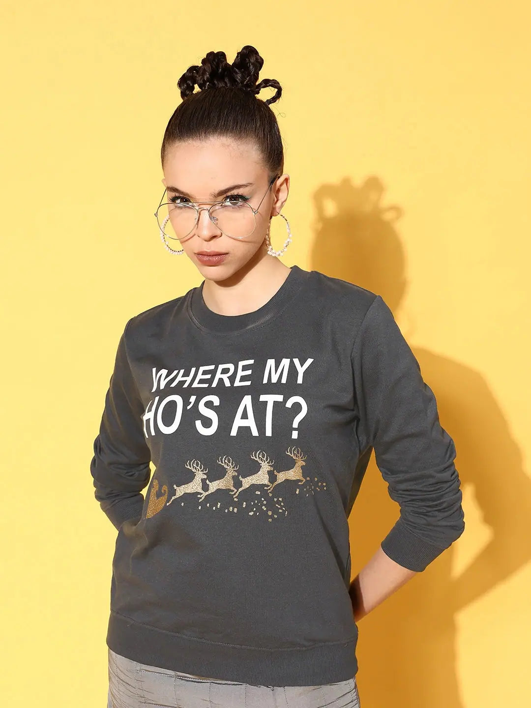 Women Grey Terry WHERE IS MY HO Sweatshirt Zip Hoodie Drawstring Kangaroo Pocket