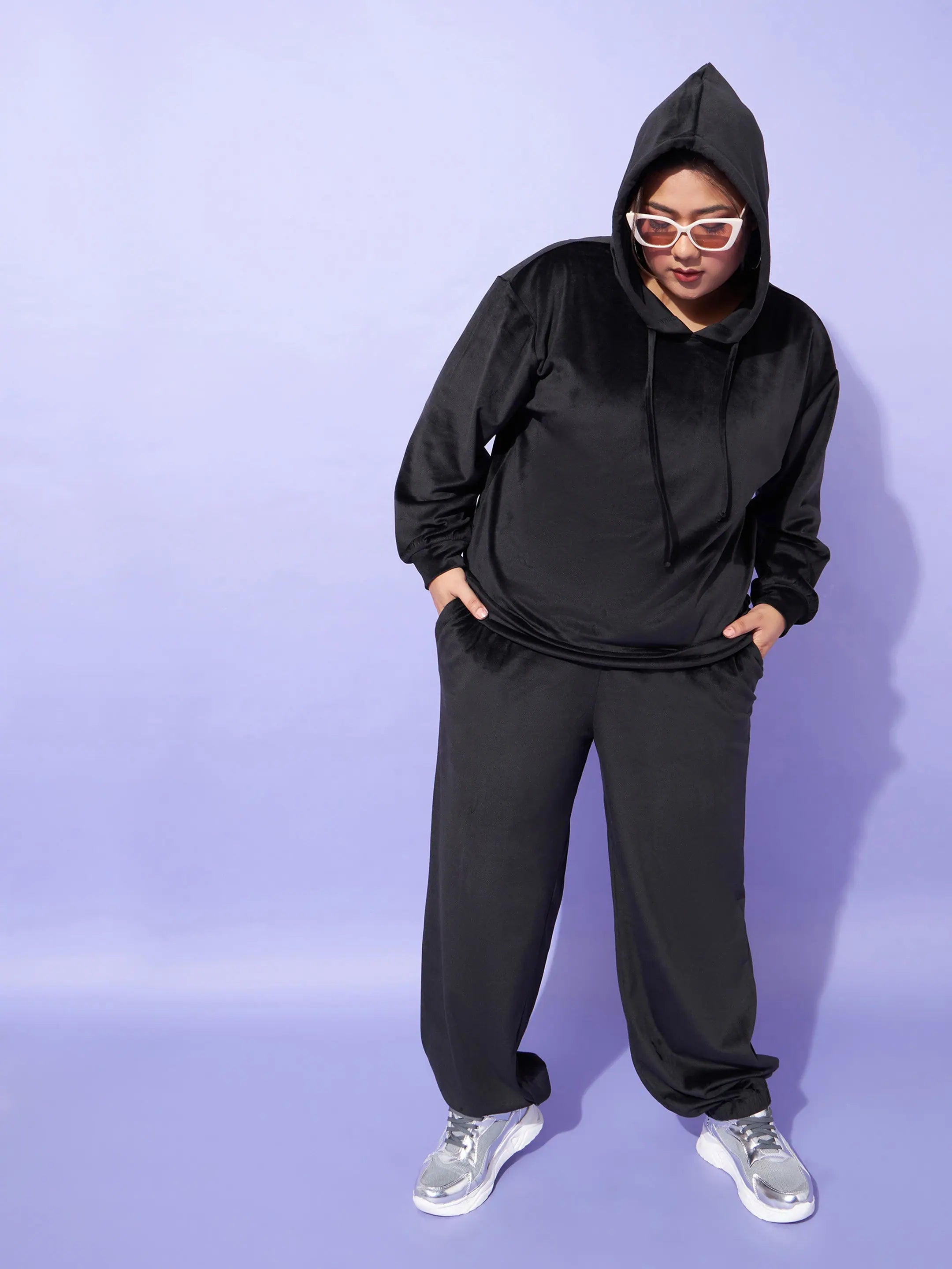 Women Black Velour Hoodie With Joggers Hoodie with Slim Fit Tailored Modern