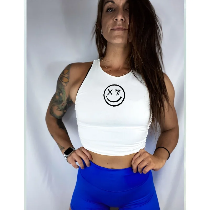 Salty Savage Ladies "Spliced Smile" High Neck Sleeveless Crop Tank | Micro lace tank top