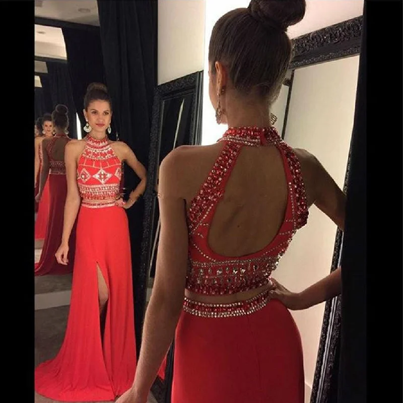 Two Pieces Open-Back Beaded Prom Dress, Red Jersey Slit Prom Dress, KX381 Tunics Luxurious high-end