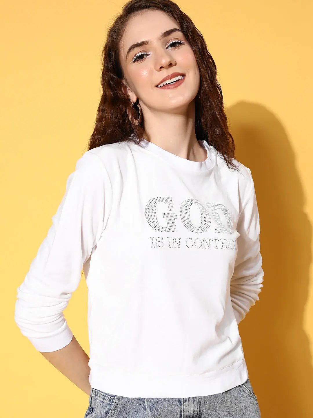 Women White Velour Studded GOD Sweatshirt Hoodie with Relaxed Fit Easy Casual