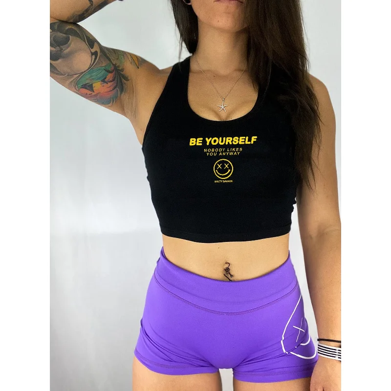 Salty Savage Ladies "Be Yourself Nobody Likes You Anyway" Cropped Racerback Tank | Micro |Yellow lace back tank