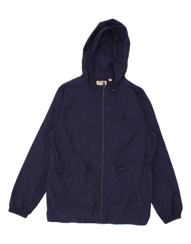 JACK WILLS Womens Hooded Rain Jacket UK 12 Medium  Navy Blue Nylon Zippered Front Buttoned Front Snap Front