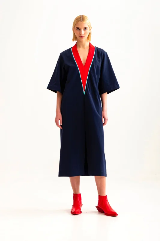 V-neck dress, navy blue Tunics Office stylish