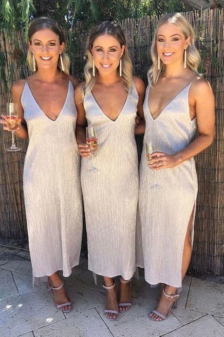 A line Ankle Length Deep V Neck Bridesmaid Dresses with Side Slit Wedding Party Dress Tunics Print Colorful