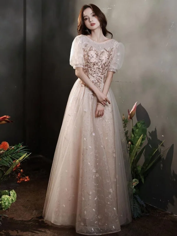 Apricot Evening Dress A-Line Jewel Neck Half Sleeves Lace-Up Applique Floor-Length Lace Formal Dinner Dresses Tunics Custom made