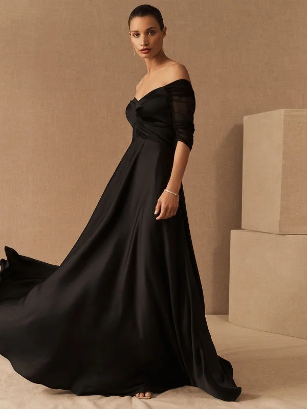 Black Evening Dress A-Line Bateau Neck Short Sleeves Zipper Pockets Matte Satin Floor-Length Formal Party Dresses Pleated Skirt Elegant