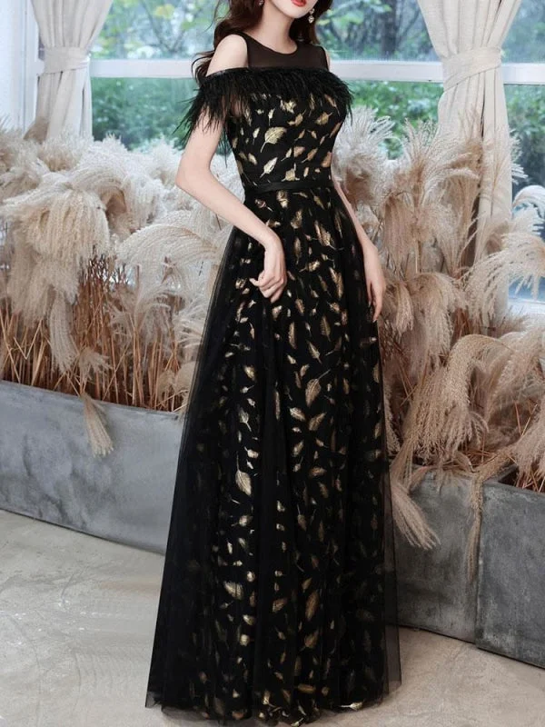 Black Evening Dress A-Line Jewel Neck Lace Floor-Length Feathers Social Pageant Dresses Tunics Practical easy-care