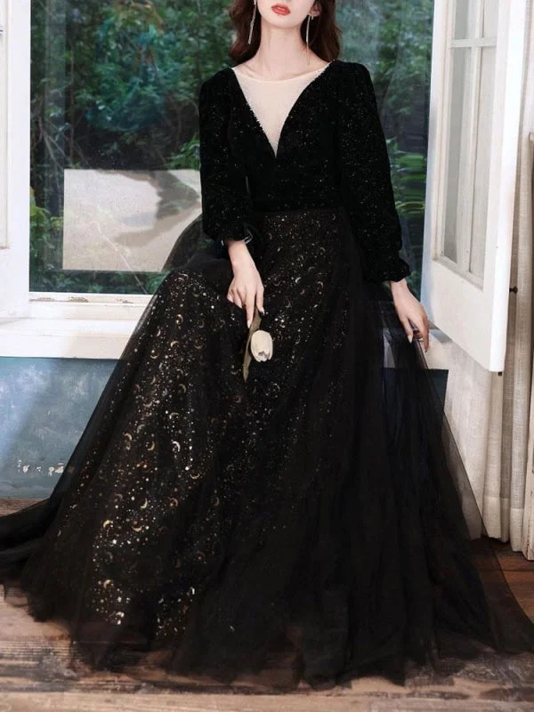 Black Evening Dress A-Line Jewel Neck Long Sleeves Sequined Lace Soft Tulle Floor-Length Formal Party Dresses High-Low Hemline Casual