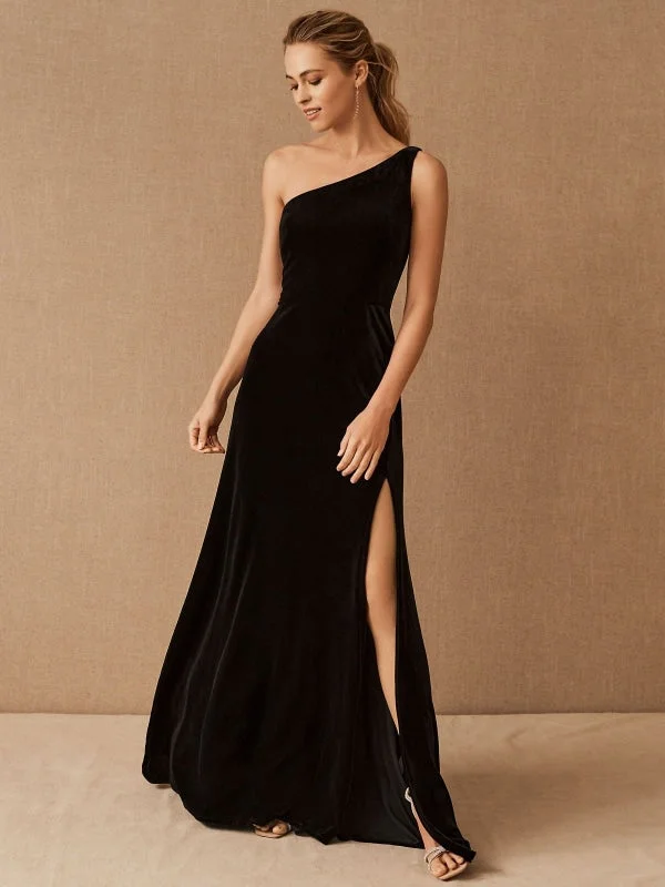 Black Evening Dress A-Line One-Shoulder Velour Floor-Length Split Front Social Party Dresses Off-the-shoulder Bohemian Festive