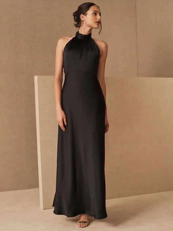 Black Evening Dress A-Line Sleeveless Halter Matte Satin Floor-Length Pleated Formal Dinner Dresses Tunics Short Trendy