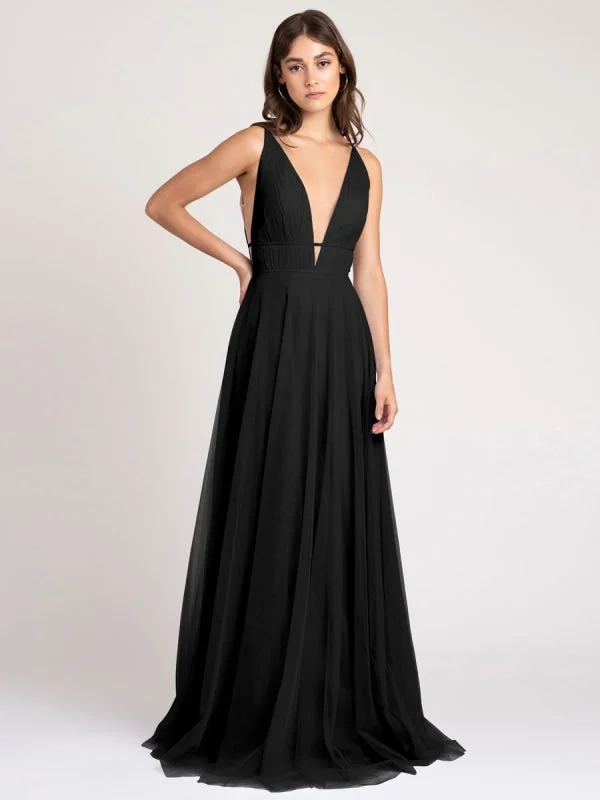 Black Evening Dress A-Line Sleeveless V-Neck Floor-Length Zipper Pleated Tulle Social Party Dresses Peplum Ruffle Cocktail