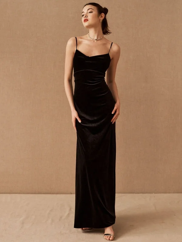 Black Evening Dress A-Line Sweetheart Neck Sleeveless Velour Floor-Length Social Party Dresses Tunics Versatile stylish