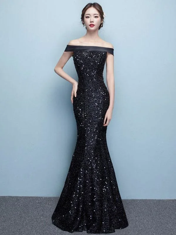 Black Evening Dress Lace Sequin Bateau Mermaid Formal Dress Off The Shoulder Floor Length Occasion Dress Wedding Guest Dress Mermaid Tail Wedding