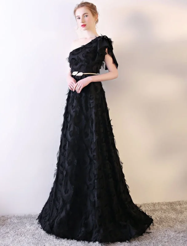 Black Evening Dress One Shoulder Prom Dress Long Lace Ruffles Floor Length Formal Dress With Sash Tunics Luxurious high-end