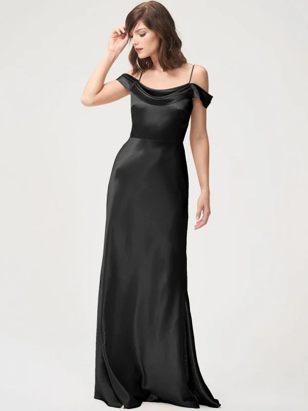 Black Evening Dress Sheath Bateau Neck Satin Fabric Floor-Length Pleated Floor-Length Formal Dinner Dresses Tunics Modern contemporary