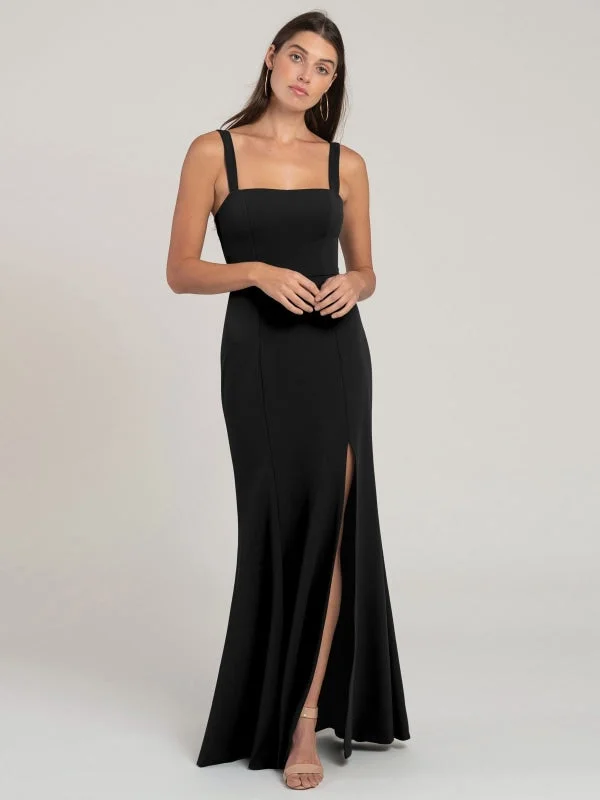 Black Evening Dress Sheath Square Neck Floor-Length Sleeveless Zipper Split Front Matte Satin Formal Dinner Dresses Tunics Sophisticated sleek