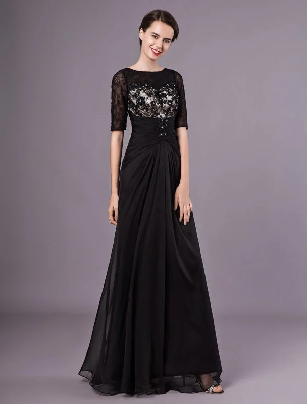 Black Evening Dresses Half Sleeves Lace Beading Chiffon Long Formal Gowns Wedding Guest Dress Lace Sexy Club